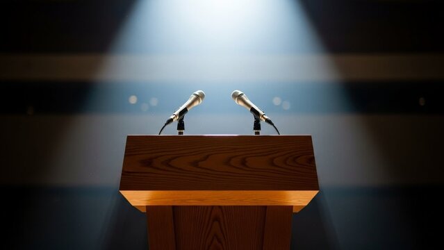 A close-up view of a wooden lectern with two microphones illuminated by a bright overhead spotlight on a dark stage.