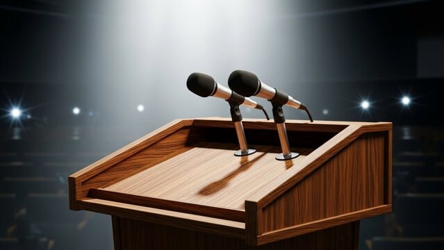 Wooden Podium with Two Microphones under Spotlight in Dark Auditorium