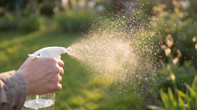 Hand spraying insecticide on lush green plants in a vibrant garden setting