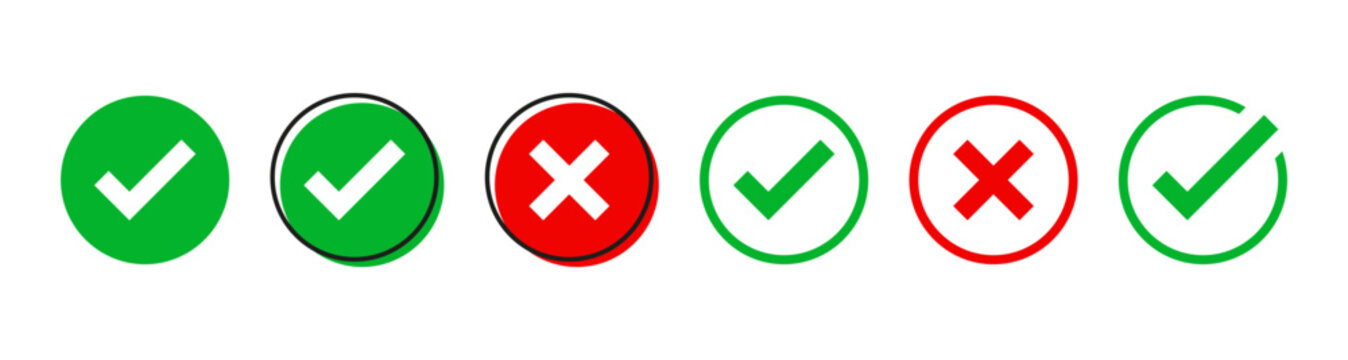 checkmark icons, check mark and cross mark icon set with green tick marks and red wrong marks, for approval, rejection, true or false, correct answer, and validation UI designs. web app icons