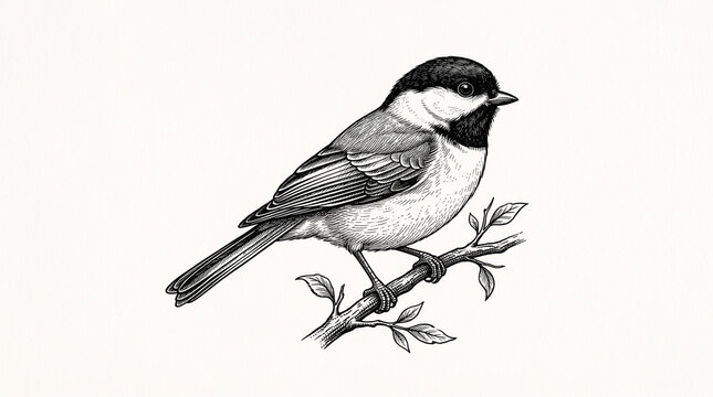 Detailed black and white pencil illustration of a coal tit bird perching on a twig