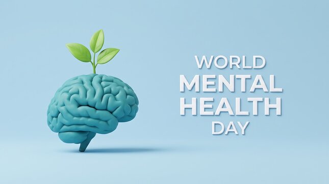 Growing mental wellbeing concept with plant sprouting from a brain