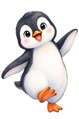 Fototapeta premium A cheerful penguin illustrated in a soft, hand-painted watercolor style, perfect for children’s books, stickers, and printable artwork