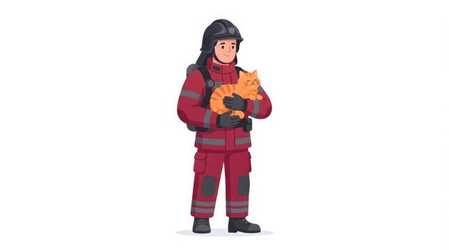 Vector illustration of a brave firefighter in red uniform holding a rescued cat safely in his arms against a white background