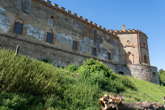 Medzhybizh fortress ancient stone wall and brick tower in Ukraine