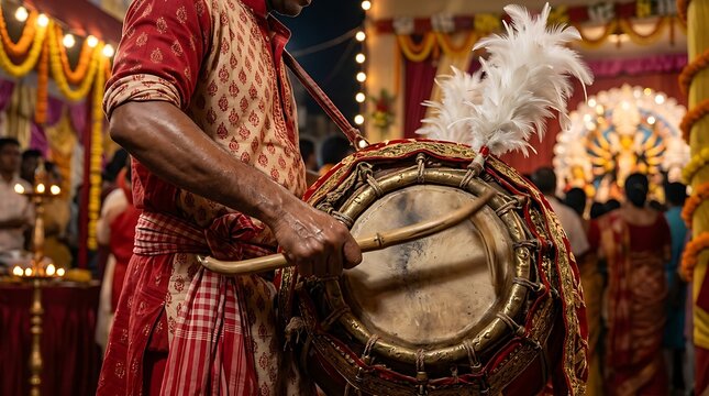 Traditional indian drummer playing dhol instrument at celebration