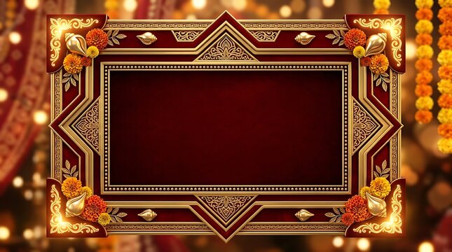 Ornate red and gold frame with marigolds and blurred lights border