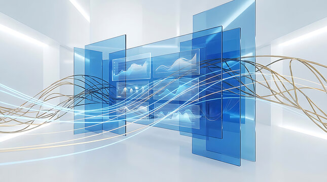Abstract corporate visualization with glowing data lines and glass panels