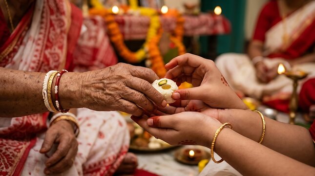 Close up of hands exchanging sweets during a traditional ceremony