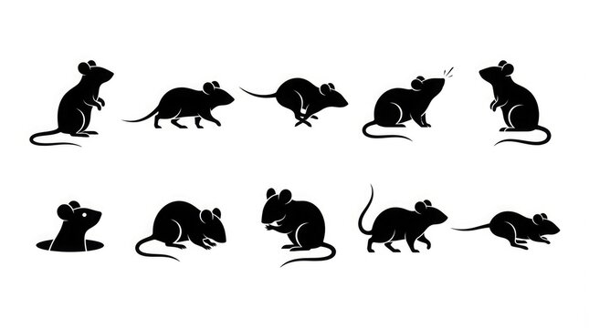 Collection of black mouse and rat silhouettes in different poses like running, sitting, sniffing, and crawling, isolated on white background vector illustration set