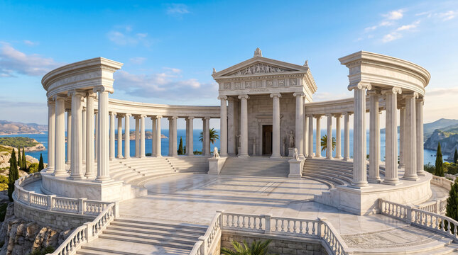 a digital or AI-generated fantasy concept of a classical Greek or Roman marble temple with a curved colonnade overlooking the sea.