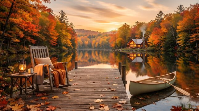 Cozy autumn dock with rocking chair and canoe by lakeside cabin