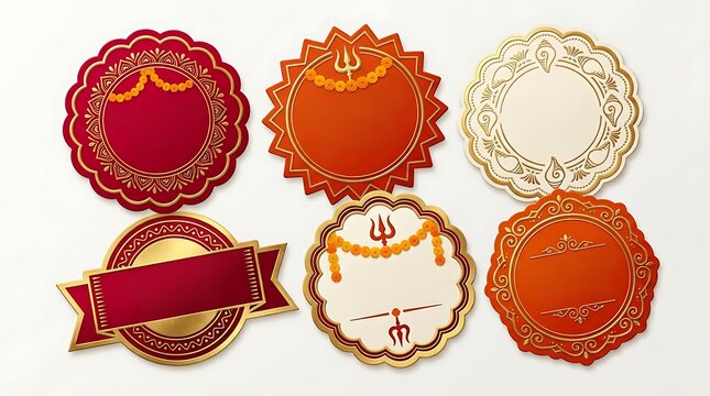 Set of six decorative red and gold circular labels for festivals