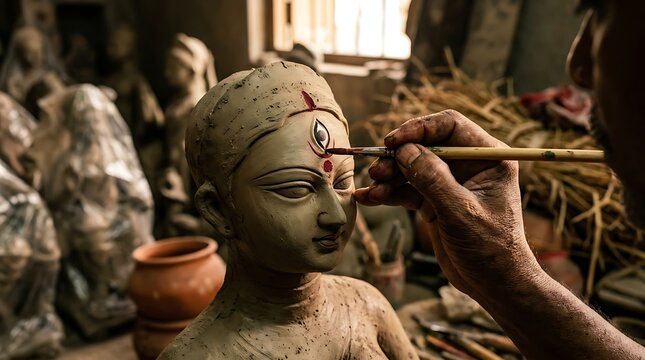 Artisan painting the third eye on a clay idol of goddess durga face