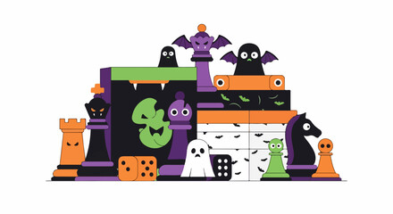 Fototapeta premium Halloween Themed Chess Pieces and Spooky Game Board Illustration