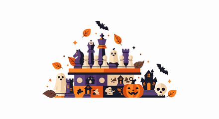 Fototapeta premium Halloween themed chess game with spooky characters and pumpkins