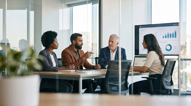 Diverse executive team review business analytics in office