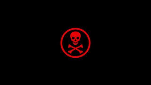 Red Circle with Gray Skull and Crossbones Symbol on Black Background 4k animation