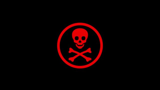 Red Circle with Gray Skull and Crossbones on Black Background danger warning.