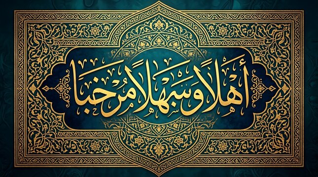 Elegant gold arabic calligraphy welcoming text set against intricate decorative deep teal floral frame background with centered within sophisticated