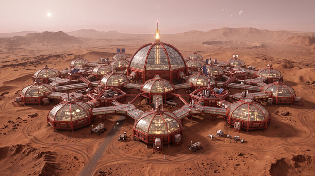 conceptual illustration of a futuristic base or colony on the red, rocky surface of Mars, featuring a central large dome connected by tunnels to multiple smal