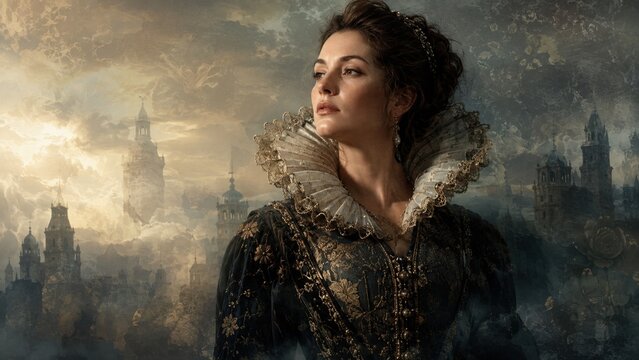 Renaissance Queen Portrait in Elegant Vintage Dress Against Historic Cityscape Background. Concept of renaissance woman, royal portrait, baroque dress. Copy space.