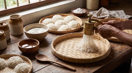 Fototapeta premium Traditional Sri Lankan String Hopper Preparation with Rice Flour Dough at Home