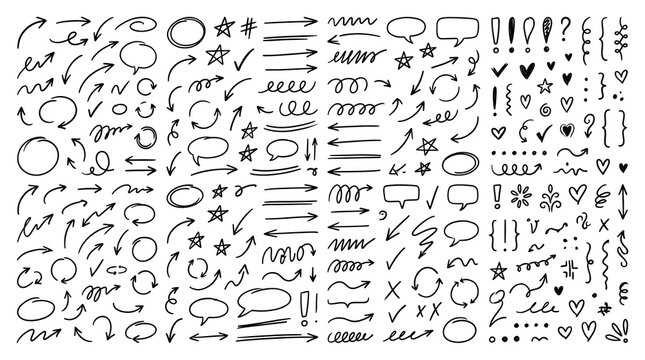 A collection of hand drawn doodle elements including arrows stars and speech bubbles on a white background doodles hand drawn sketch scribbles annotations callouts pointers indicators