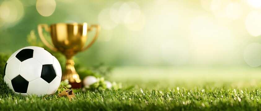 Soccer trophy and ball on fresh grass under warm sunlight