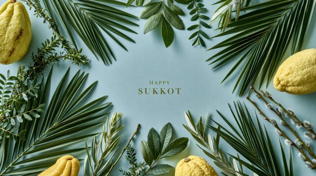 Happy Sukkot greeting with etrog fruit, palm leaves and traditional Jewish four species on blue background