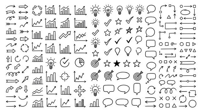 Doodle style business icons depict growth ideas and communication on a white background arrows bar graphs bulb charts concept connections data diagram drawing hand drawn infographic