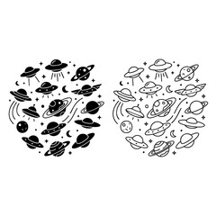 whimsical flying saucers and planets pattern, a detailed line art with silhouette vector © Shamsul