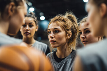 Obraz premium A focused female basketball player listens intently to teammates during a game or practice in an indoor sports setting.