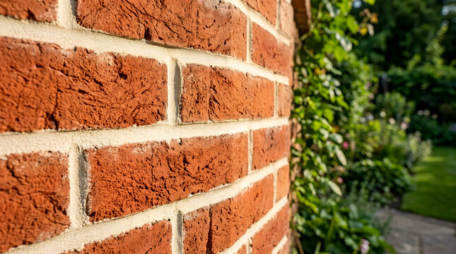 Red brick wall texture close up | outdoor garden background with foliage | rustic masonry wall detail | residential brickwork construction | sunlight on clay bricks
