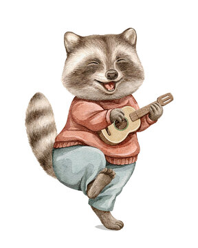 Vintage cartoon Christmas raccoon in sweater and jeans clothes dancing, sings and play guitar ukulele isolated on white background. Watercolor hand drawn illustration sketch