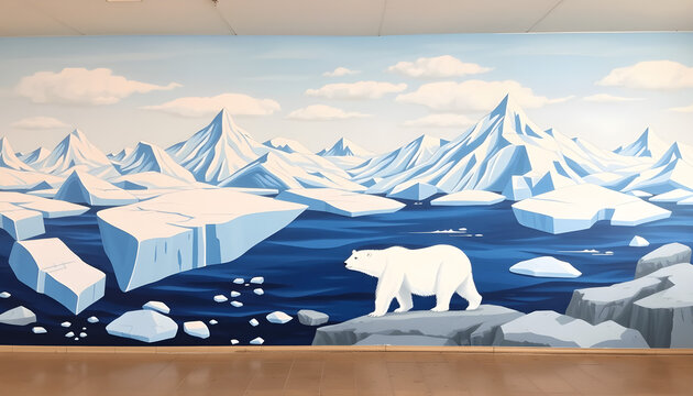 Cute vector illustration of a polar bear walking on icy floating glaciers in a blue polar ocean with snowy ice mountains in the background, nursery art style.