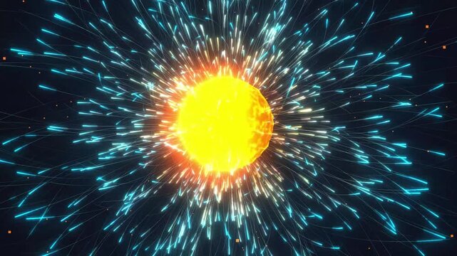 Glowing cosmic core radiates streak particles outward in a dramatic 3D animation with fiery yellow and neon cyan energy for title backdrops
