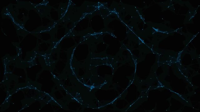 Dynamic transformation of scattered nodes and lines into a swirling network. Artificial intelligence and cyber space concept animation.