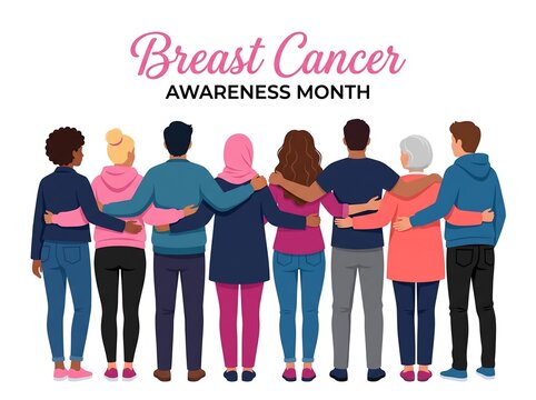 Diverse group united supporting breast cancer awareness and hopeful future