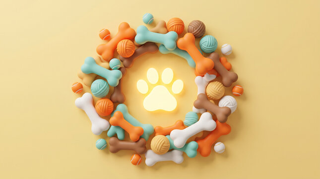 an arrangement of colorful dog toys, including chew bones and balls, surrounding a glowing paw print on a yellow background