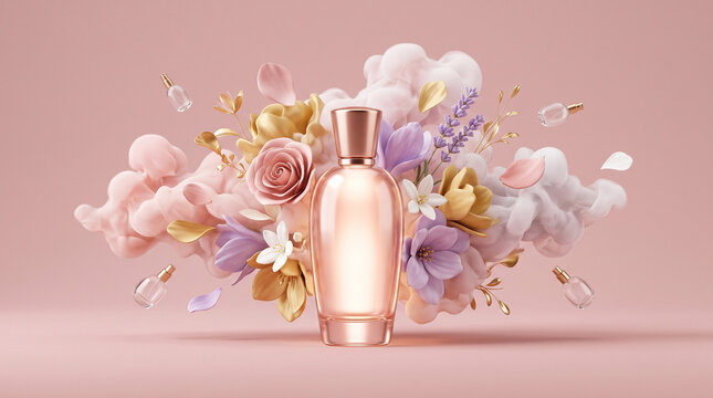 a metallic rose-gold perfume bottle centered against a pastel pink background, surrounded by decorative pink and purple flowers, gold leaves, and soft smoke or cloud elements.