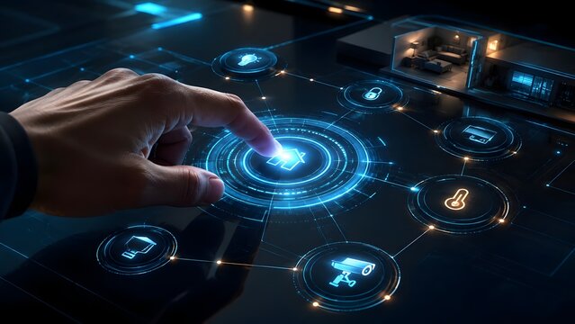 Hand interacting with a glowing futuristic smart home dashboard controlling security lighting and temperature of a modern house model