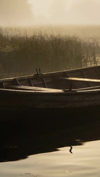 Vertical video: Casting warm glow, rising sun lighting worn wooden rowboat at marsh edge, oarlocks