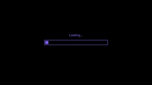 Retro 8-bit style purple loading progress bar on a black background. Minimalist pixelated downloading and processing UI element animation.