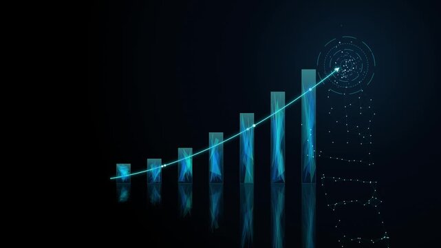 Dynamic corporate strategy and marketing progress motion graphics. Glowing digital network connecting to a target symbol over a rising bar chart.