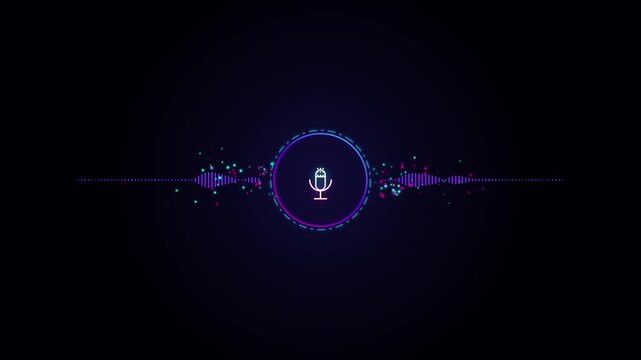 Futuristic glowing neon audio visualizer with a central microphone icon. Abstract podcast voice recording and sound wave motion graphics.