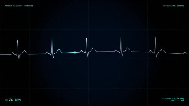 Patient vital signs screen showing heart rate, blood pressure, and oxygen levels. Abstract futuristic healthcare UI and EKG line animation.