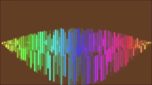 Colorful glowing audio visualizer equalizer on a dynamic color-changing background. Abstract rainbow sound wave spectrum loop.