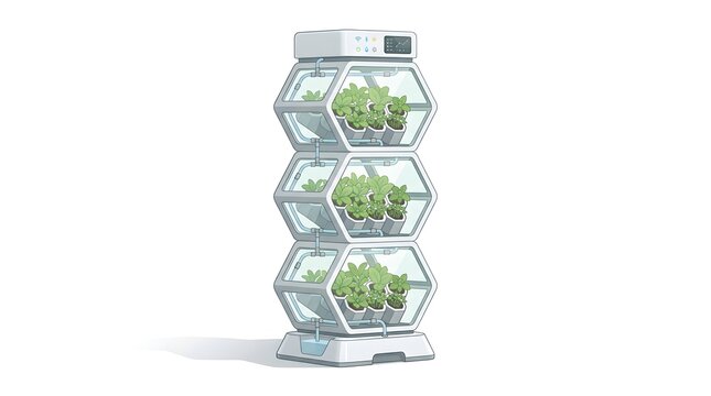 Illustration of a smart indoor hydroponic garden tower with stacked pods growing herbs and leafy greens. Modern home farming concept for sustainable food, automation, and urban gardening.

