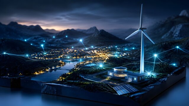 Isometric 3D diorama of a smart city microgrid powered by wind turbines and solar panels with glowing energy connection nodes